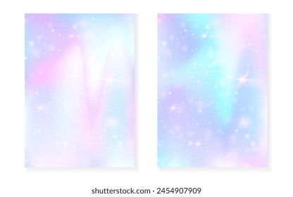 Prinzessinnen-Hintergrund mit Kawaii-Regenbogen-Gefälle. Magisches Einhorn-Hologramm. Holografisches Feenset. Buntes Fantasiecover. Prinzessin Hintergrund mit Funkeln und Sternen für süße Mädchen Party Einladung.