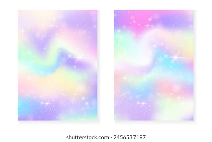 Princess background with kawaii rainbow gradient. Magic unicorn hologram. Holographic fairy set. Multicolor fantasy cover. Princess background with sparkles and stars for cute girl party invitation.