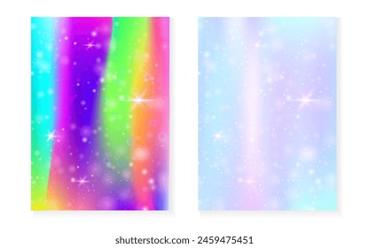 Princess background with kawaii rainbow gradient. Magic unicorn hologram. Holographic fairy set. Trendy fantasy cover. Princess background with sparkles and stars for cute girl party invitation.