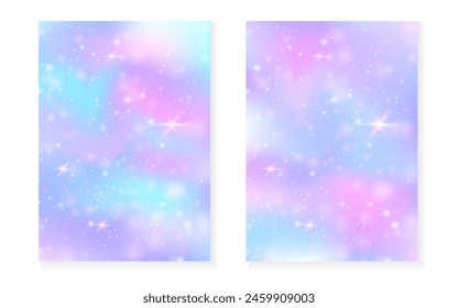 Princess background with kawaii rainbow gradient. Magic unicorn hologram. Holographic fairy set. Spectrum fantasy cover. Princess background with sparkles and stars for cute girl party invitation.