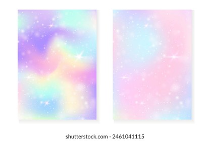 Fondo de princesa con degradado de arco iris kawaii. Holograma mágico de unicornio. Juego de hadas holográficas. Vibrante portada de fantasía. Fondo de la princesa con destellos y estrellas para la invitación de fiesta de la muchacha linda.