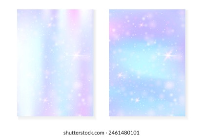 Princess background with kawaii rainbow gradient. Magic unicorn hologram. Holographic fairy set. Trendy fantasy cover. Princess background with sparkles and stars for cute girl party invitation.