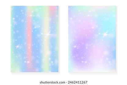 Fondo de princesa con degradado de arco iris kawaii. Holograma mágico de unicornio. Juego de hadas holográficas. Espectro fantasía cubierta. Fondo de la princesa con destellos y estrellas para la invitación de fiesta de la muchacha linda.