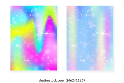 Fondo de princesa con degradado de arco iris kawaii. Holograma mágico de unicornio. Juego de hadas holográficas. Cubierta de fantasía multicolor. Fondo de la princesa con destellos y estrellas para la invitación de fiesta de la muchacha linda.