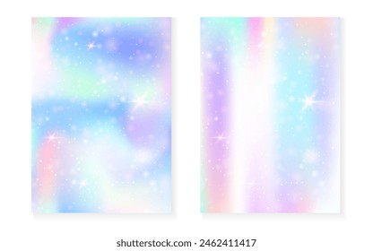 Princess background with kawaii rainbow gradient. Magic unicorn hologram. Holographic fairy set. Vibrant fantasy cover. Princess background with sparkles and stars for cute girl party invitation.