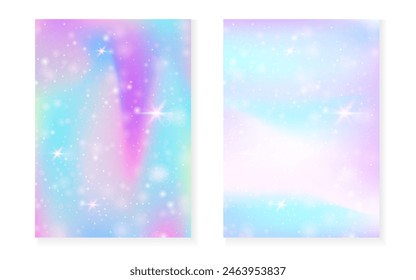 Princess background with kawaii rainbow gradient. Magic unicorn hologram. Holographic fairy set. Bright fantasy cover. Princess background with sparkles and stars for cute girl party invitation.