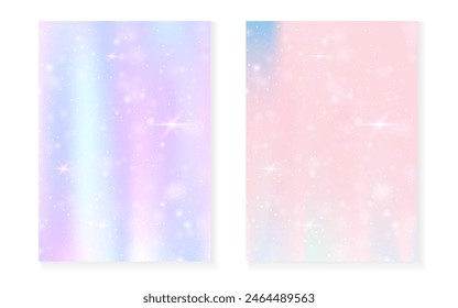 Princess background with kawaii rainbow gradient. Magic unicorn hologram. Holographic fairy set. Mystical fantasy cover. Princess background with sparkles and stars for cute girl party invitation.
