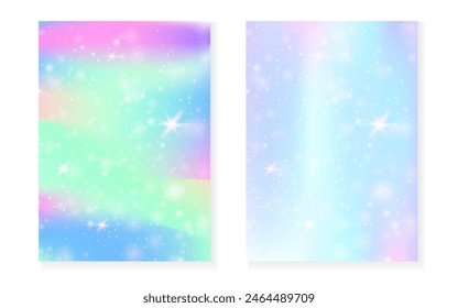Fondo de princesa con degradado de arco iris kawaii. Holograma mágico de unicornio. Juego de hadas holográficas. Espectro fantasía cubierta. Fondo de la princesa con destellos y estrellas para la invitación de fiesta de la muchacha linda.