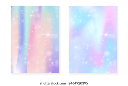 Princess background with kawaii rainbow gradient. Magic unicorn hologram. Holographic fairy set. Spectrum fantasy cover. Princess background with sparkles and stars for cute girl party invitation.
