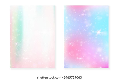 Fondo de princesa con degradado de arco iris kawaii. Holograma mágico de unicornio. Juego de hadas holográficas. Vibrante portada de fantasía. Fondo de la princesa con destellos y estrellas para la invitación de fiesta de la muchacha linda.