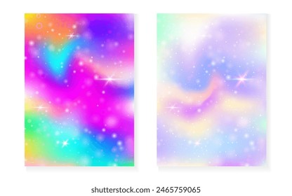 Princess background with kawaii rainbow gradient. Magic unicorn hologram. Holographic fairy set. Creative fantasy cover. Princess background with sparkles and stars for cute girl party invitation.