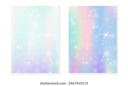 Princess background with kawaii rainbow gradient. Magic unicorn hologram. Holographic fairy set. Multicolor fantasy cover. Princess background with sparkles and stars for cute girl party invitation.