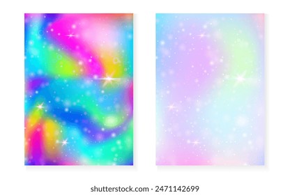 Princess background with kawaii rainbow gradient. Magic unicorn hologram. Holographic fairy set. Vibrant fantasy cover. Princess background with sparkles and stars for cute girl party invitation.