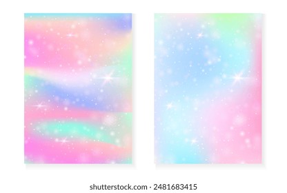 Fondo de princesa con degradado de arco iris kawaii. Holograma mágico de unicornio. Juego de hadas holográficas. Cubierta de fantasía colorida. Fondo de la princesa con destellos y estrellas para la invitación de fiesta de la muchacha linda.