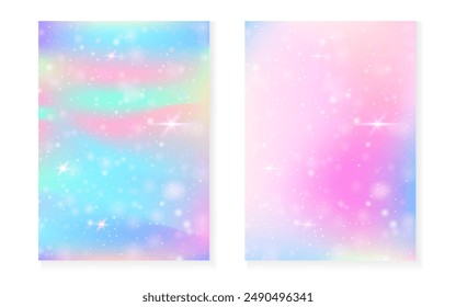 Princess background with kawaii rainbow gradient. Magic unicorn hologram. Holographic fairy set. Colorful fantasy cover. Princess background with sparkles and stars for cute girl party invitation.