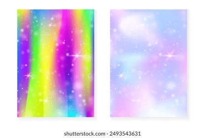 Princess background with kawaii rainbow gradient. Magic unicorn hologram. Holographic fairy set. Bright fantasy cover. Princess background with sparkles and stars for cute girl party invitation.