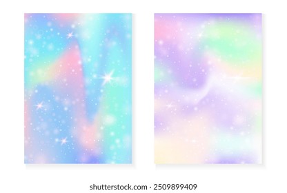 Fundo de princesa com gradiente de arco-íris kawaii. Holograma de unicórnio mágico. Conjunto de fadas holográfico. Capa de fantasia criativa. Fundo de princesa com brilhos e estrelas para convite de festa de menina bonito.