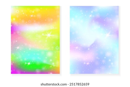 Fundo de princesa com gradiente de arco-íris kawaii. Holograma de unicórnio mágico. Conjunto de fadas holográfico. Capa de fantasia criativa. Fundo de princesa com brilhos e estrelas para convite de festa de menina bonito.