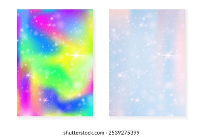 Fondo de la princesa con el gradiente del arco iris kawaii. Holograma de unicornio mágico. Conjunto de hadas holográficas. Funda de fantasía fluorescente. Fondo de la princesa con destellos y estrellas para la invitación linda del partido de la muchacha.