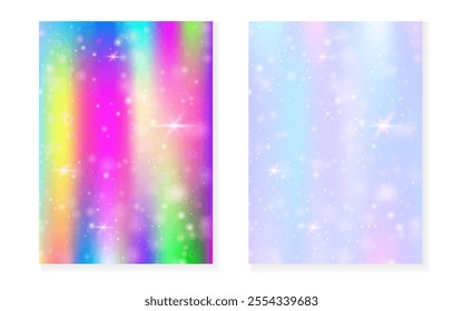 Princess background with kawaii rainbow gradient. Magic unicorn hologram.