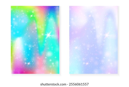 Princess background with kawaii rainbow gradient. Magic unicorn hologram.