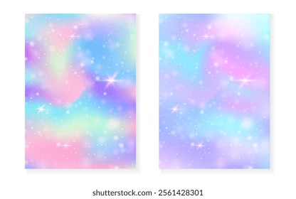 Princess background with kawaii rainbow gradient. Magic unicorn hologram.
