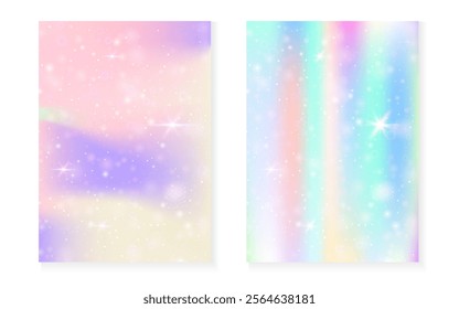 Princess background with kawaii rainbow gradient. Magic unicorn hologram.