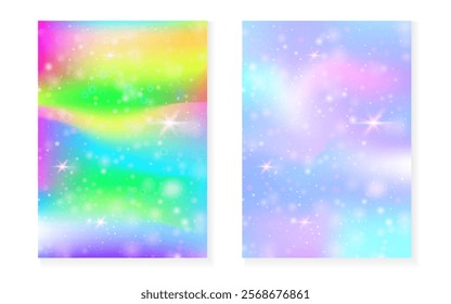 Princess background with kawaii rainbow gradient. Magic unicorn hologram.