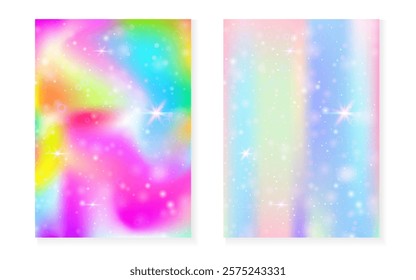 Princess background with kawaii rainbow gradient. Magic unicorn hologram.