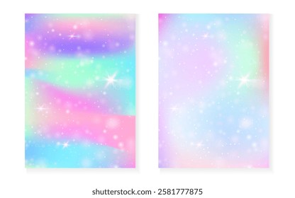 Princess background with kawaii rainbow gradient. Magic unicorn hologram.