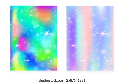 Princess background with kawaii rainbow gradient. Magic unicorn hologram.