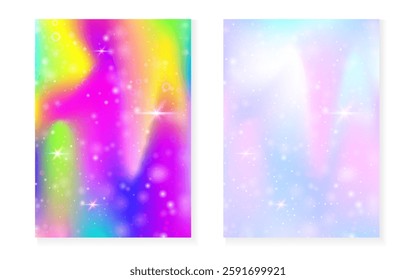 Princess background with kawaii rainbow gradient. Magic unicorn hologram.