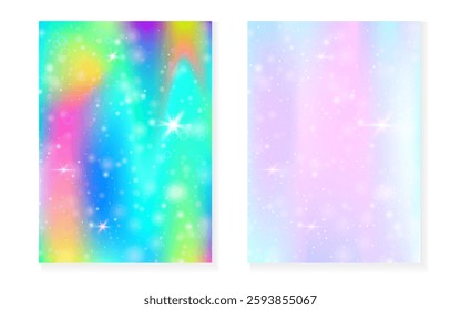 Princess background with kawaii rainbow gradient. Magic unicorn hologram.