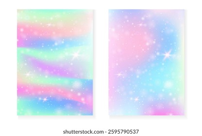 Princess background with kawaii rainbow gradient. Magic unicorn hologram.