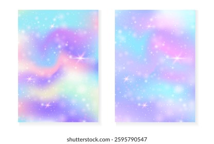 Princess background with kawaii rainbow gradient. Magic unicorn hologram.