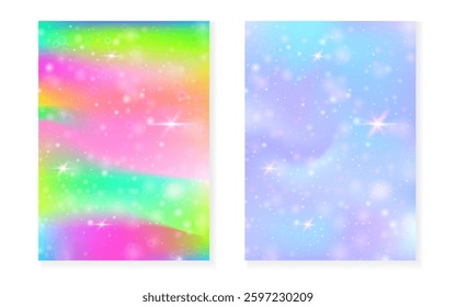 Princess background with kawaii rainbow gradient. Magic unicorn hologram.