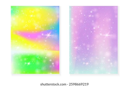 Princess background with kawaii rainbow gradient. Magic unicorn hologram.