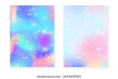 Princess background with kawaii rainbow gradient. Magic unicorn hologram.
