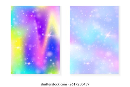 Princess background with kawaii rainbow gradient. Magic unicorn hologram.