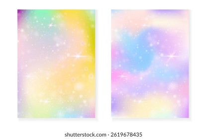 Princess background with kawaii rainbow gradient. Magic unicorn hologram.