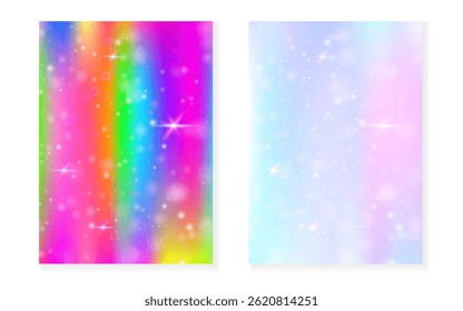 Fundo de princesa com gradiente de arco-íris kawaii. Holograma de unicórnio mágico.