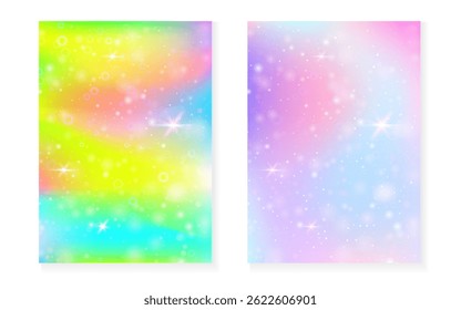 Princess background with kawaii rainbow gradient. Magic unicorn hologram.