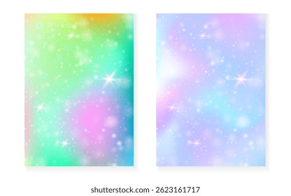 Fondo de la princesa con el gradiente del arco iris kawaii. Holograma de unicornio mágico.