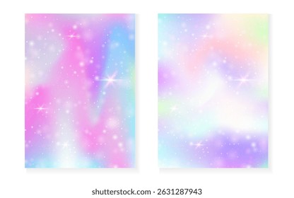 Princess background with kawaii rainbow gradient. Magic unicorn hologram.