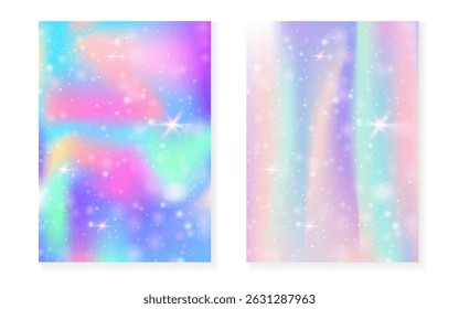 Fondo de la princesa con el gradiente del arco iris kawaii. Holograma de unicornio mágico.