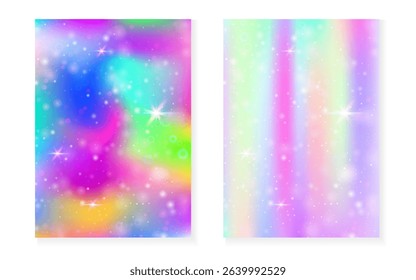 Princess background with kawaii rainbow gradient. Magic unicorn hologram.