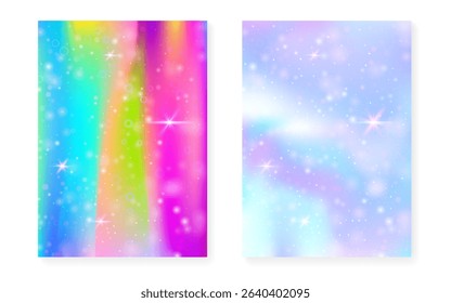 Princess background with kawaii rainbow gradient. Magic unicorn hologram.