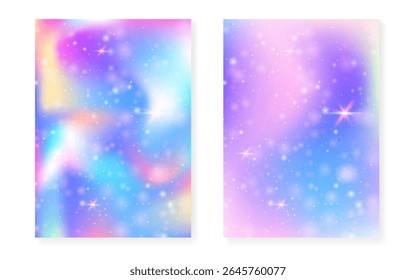 Princess background with kawaii rainbow gradient. Magic unicorn hologram.