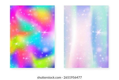 Fondo de la princesa con el gradiente del arco iris kawaii. Holograma de unicornio mágico.