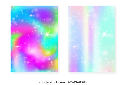 Fundo de princesa com gradiente de arco-íris kawaii. Holograma de unicórnio mágico.